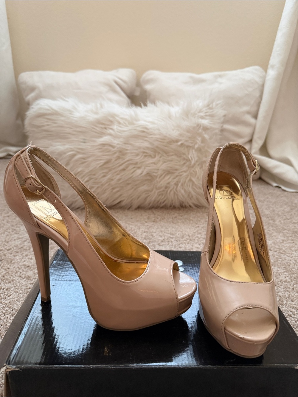 Material Girl Nude Patent Peep-Toe Platform Slingbacks